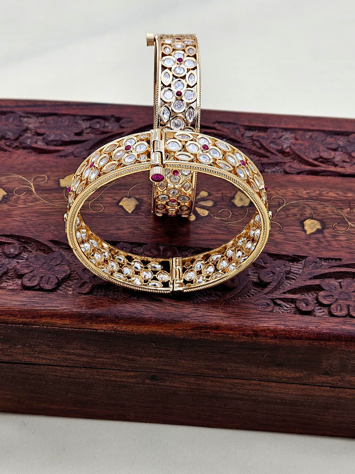 Charming Set of 2 Gold plated Red Hydro Quartz-Faux Kundan Glass Polky Designer Broad Bangle/ Kada / Festive Bangles for women & Girls