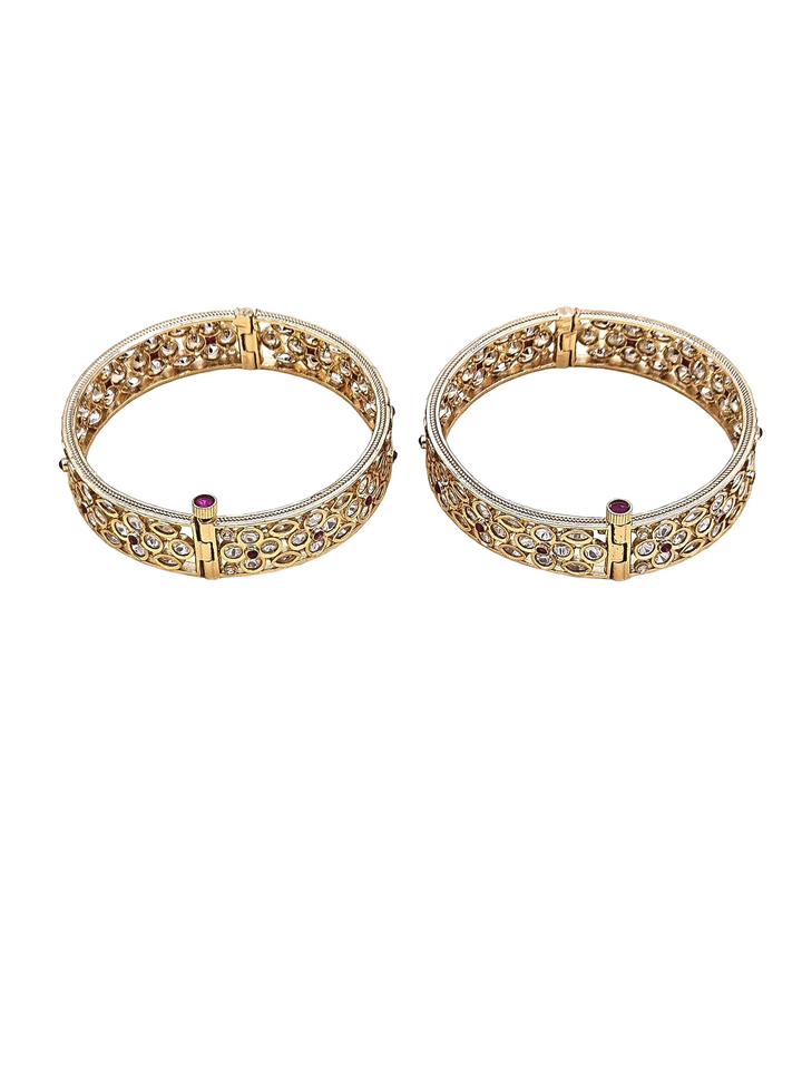 Charming Set of 2 Gold plated Red Hydro Quartz-Faux Kundan Glass Polky Designer Broad Bangle/ Kada / Festive Bangles for women & Girls