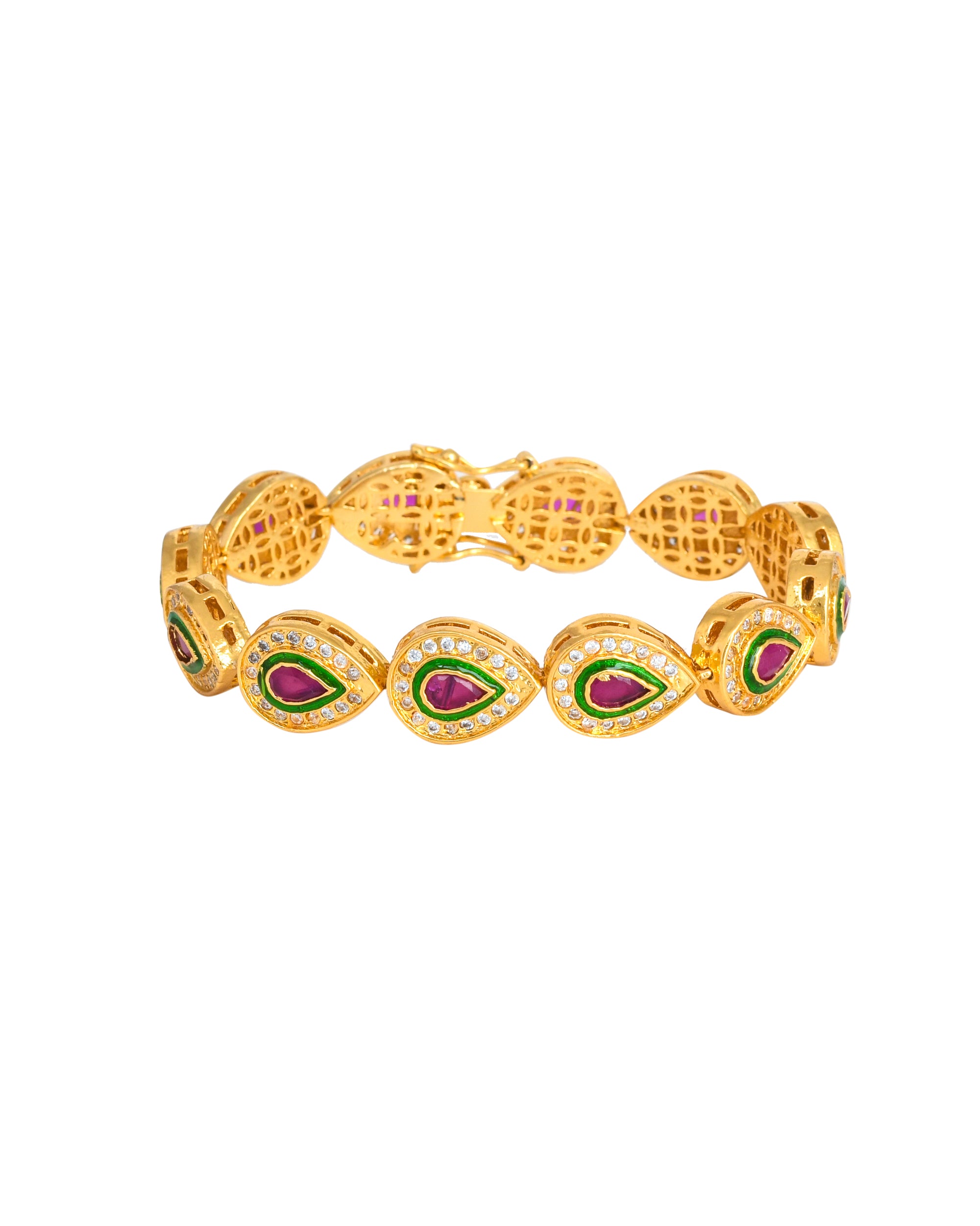 Antique gold clasp bracelet with CZ crystals and red hydro quartz – festive designer piece