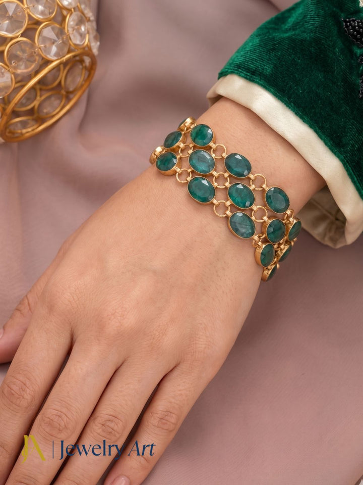 bold openable bracelet green beryl antique gold designer jewelry
