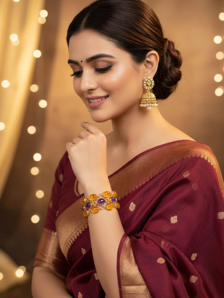 Amazing Antique Gold Yellow Chalcedony-Amethyst Stone Pear Openable Bracelet for Women