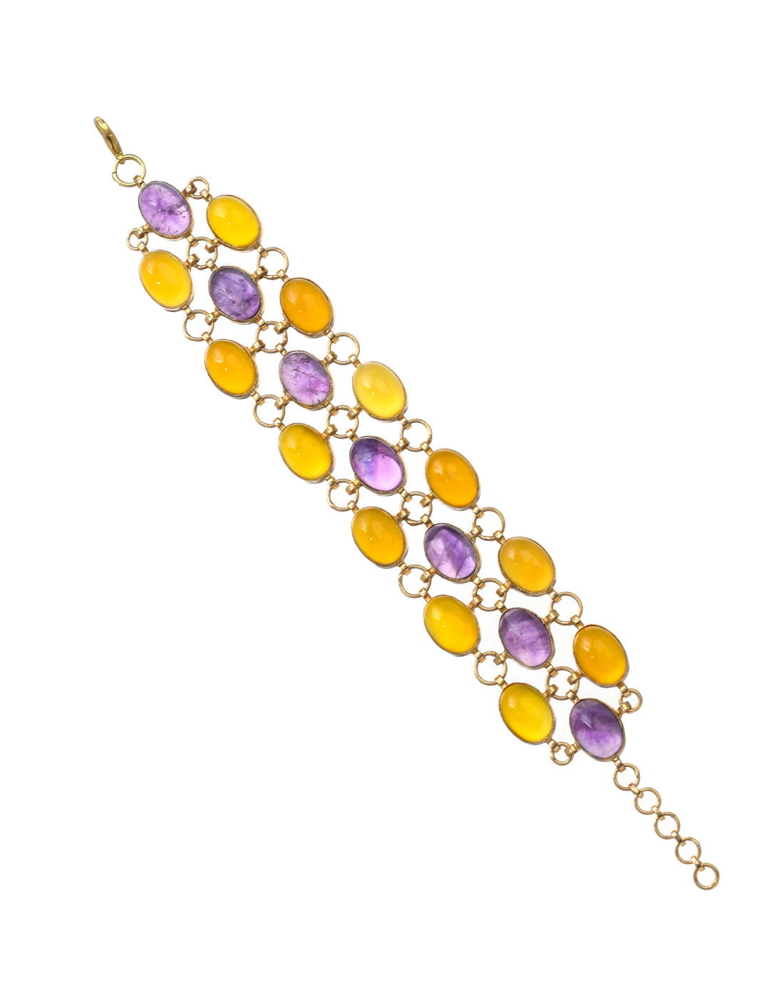Openable antique gold bracelet with yellow chalcedony and amethyst pear stones – traditional designer accessory
