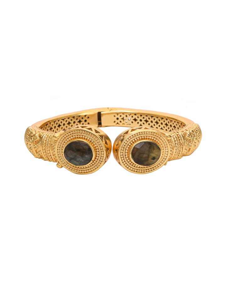 Antique gold designer cuff bracelet with polished labradorite gemstone – cute fusion of ethnic and modern styles
