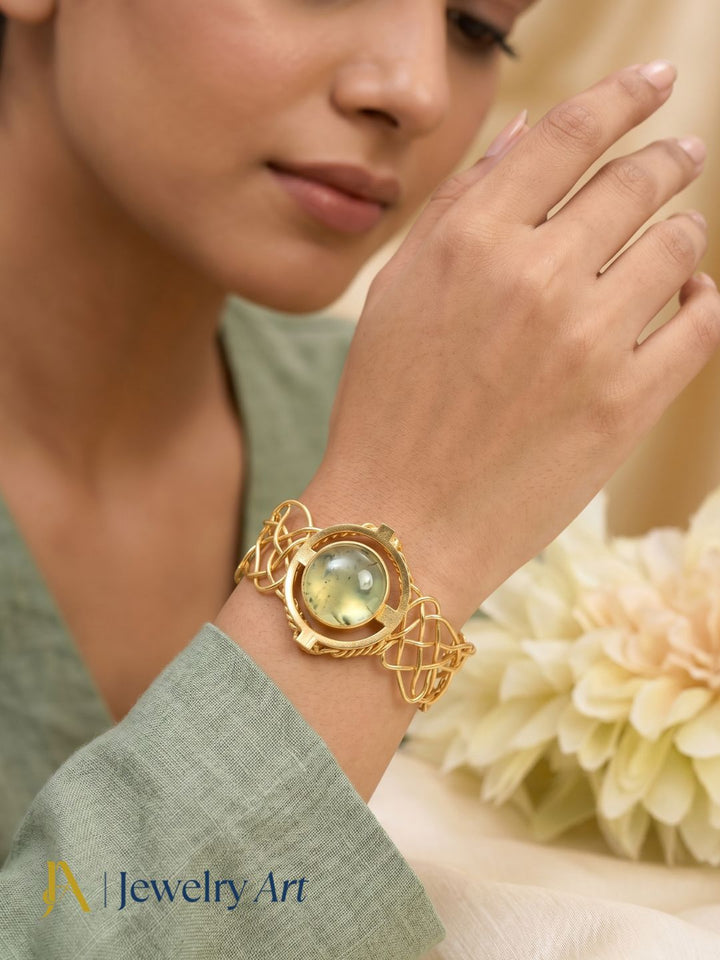 prehnite gemstone cuff bracelet antique gold tone statement jewelry for women
