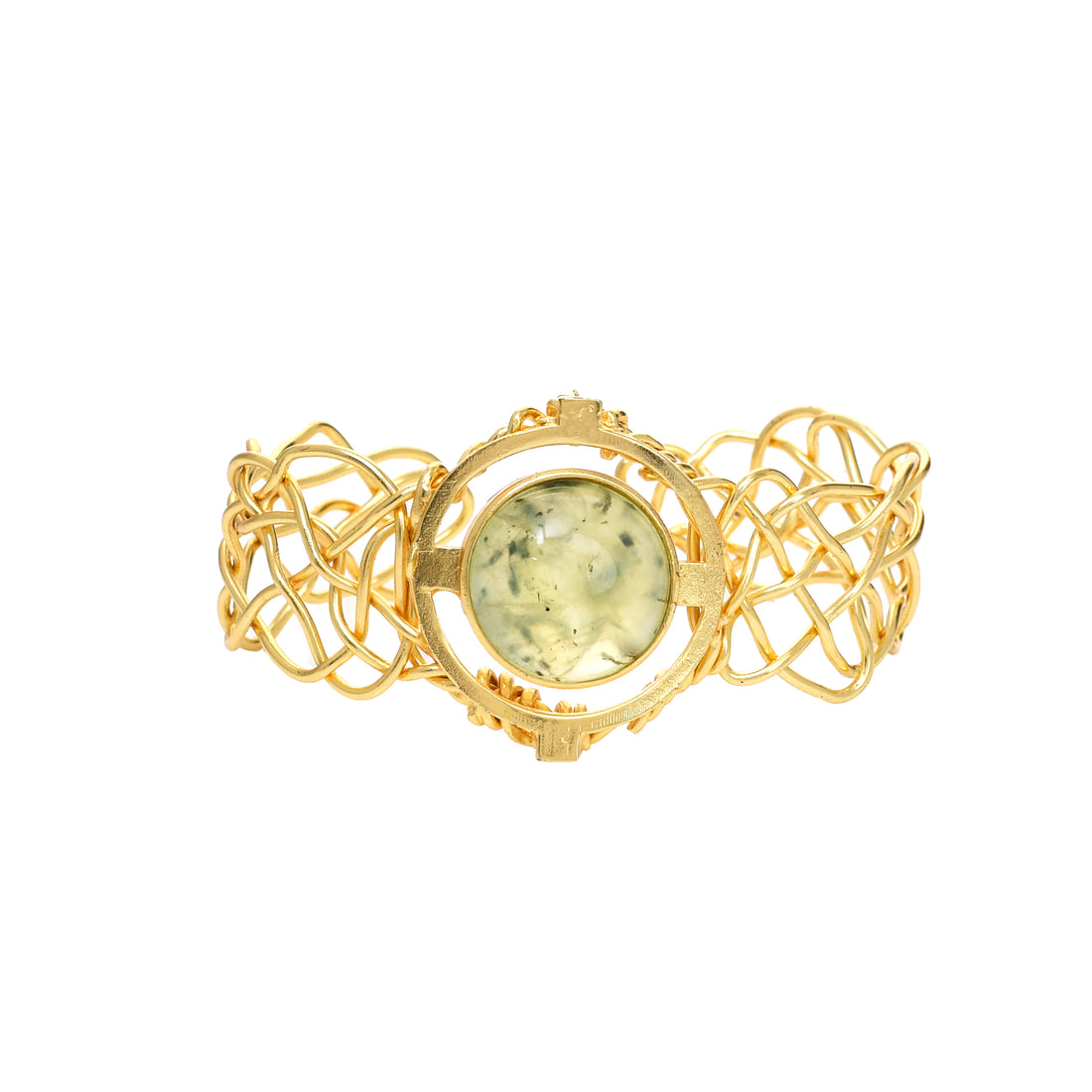 Antique gold cuff bracelet with natural prehnite gemstone – bold designer accessory for women
