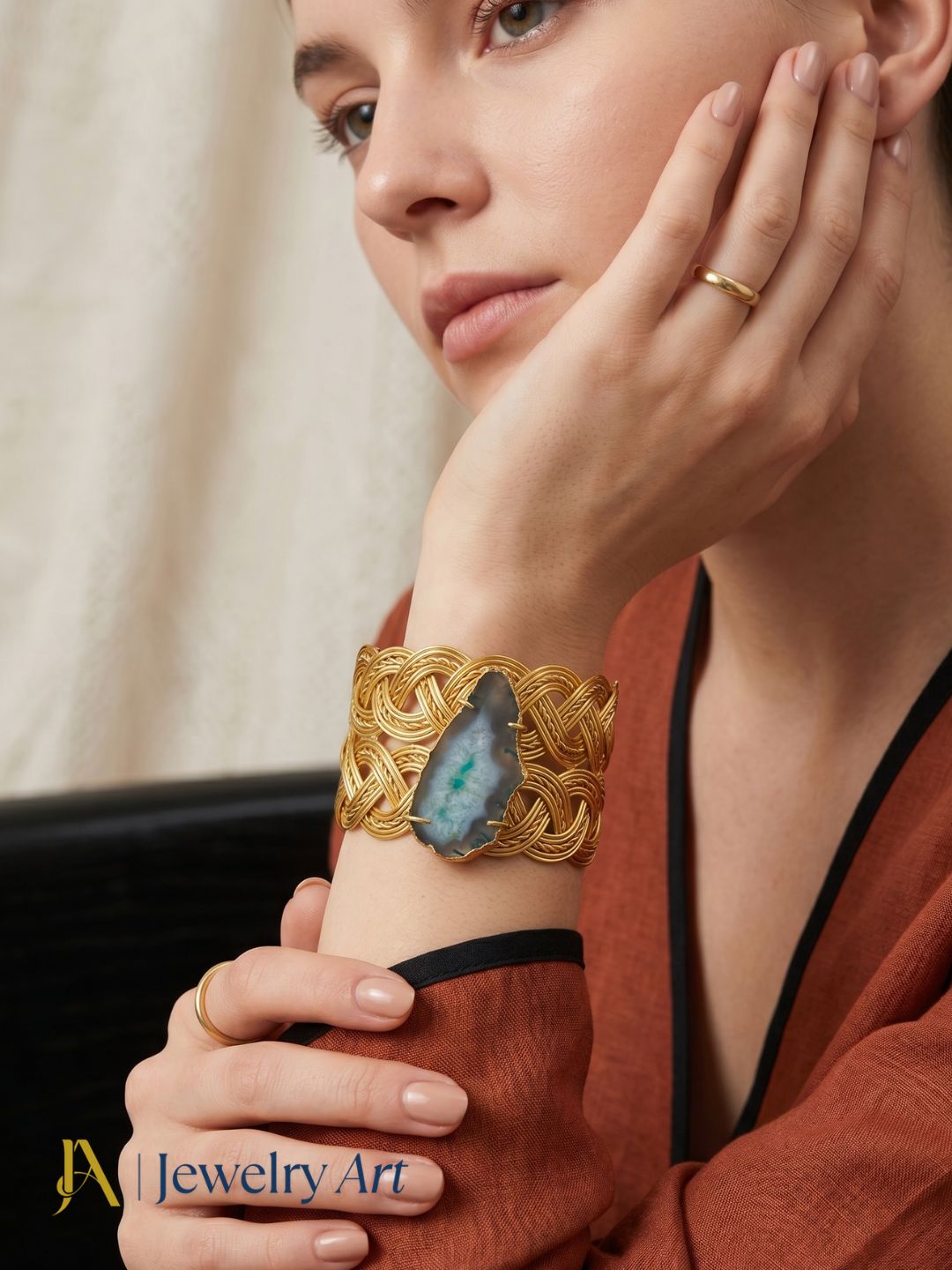 agate gemstone cuff bracelet antique gold tone statement jewelry for women
