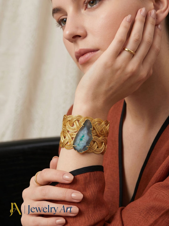 agate gemstone cuff bracelet antique gold tone statement jewelry for women
