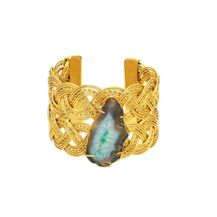 Elegant antique gold cuff bracelet with artistic design and agate gemstone statement piece for women
