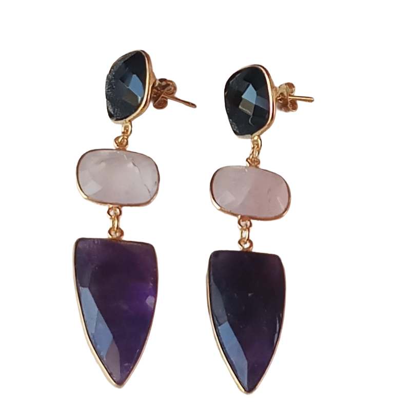 Fine Handcrafted Gold plated AMETHYST,ROSE QUARTZ & BLACK ONYX stone Charming Designer Dangle Drop Earrings