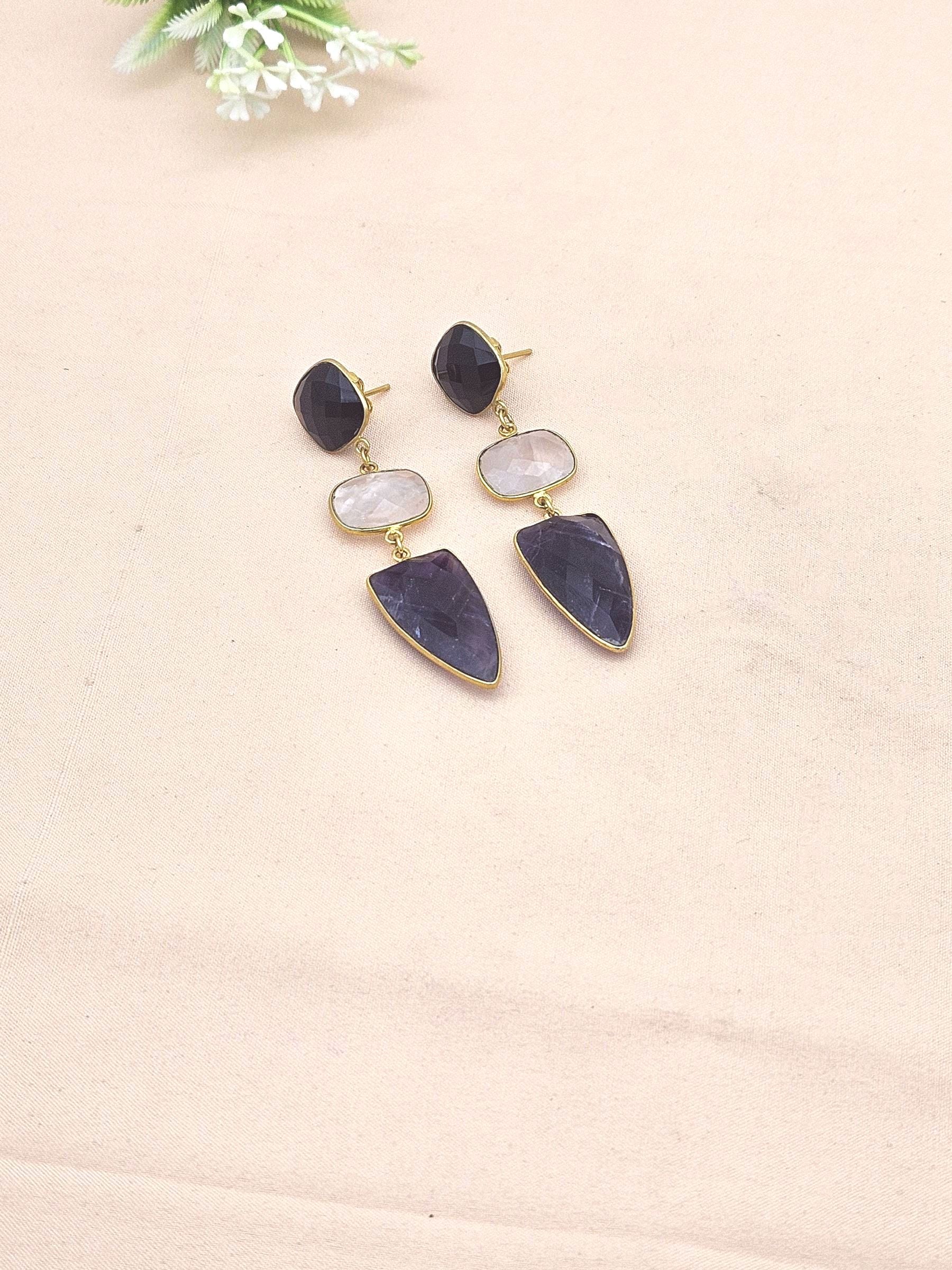 Fine Handcrafted Gold plated AMETHYST,ROSE QUARTZ & BLACK ONYX stone Charming Designer Dangle Drop Earrings