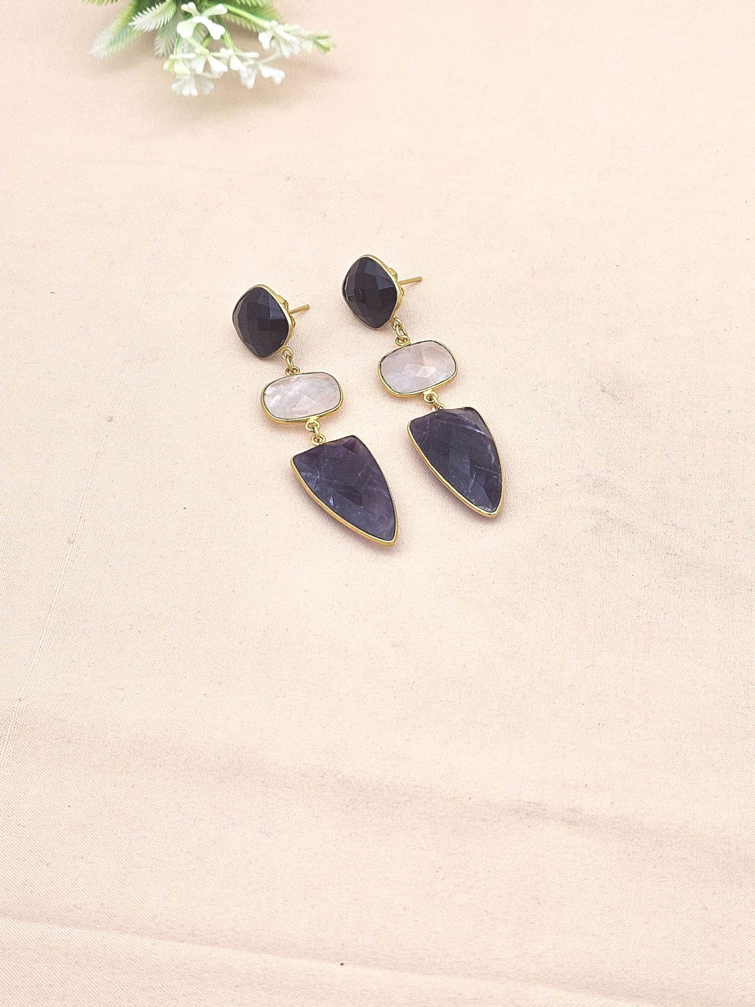Fine Handcrafted Gold plated AMETHYST,ROSE QUARTZ & BLACK ONYX stone Charming Designer Dangle Drop Earrings