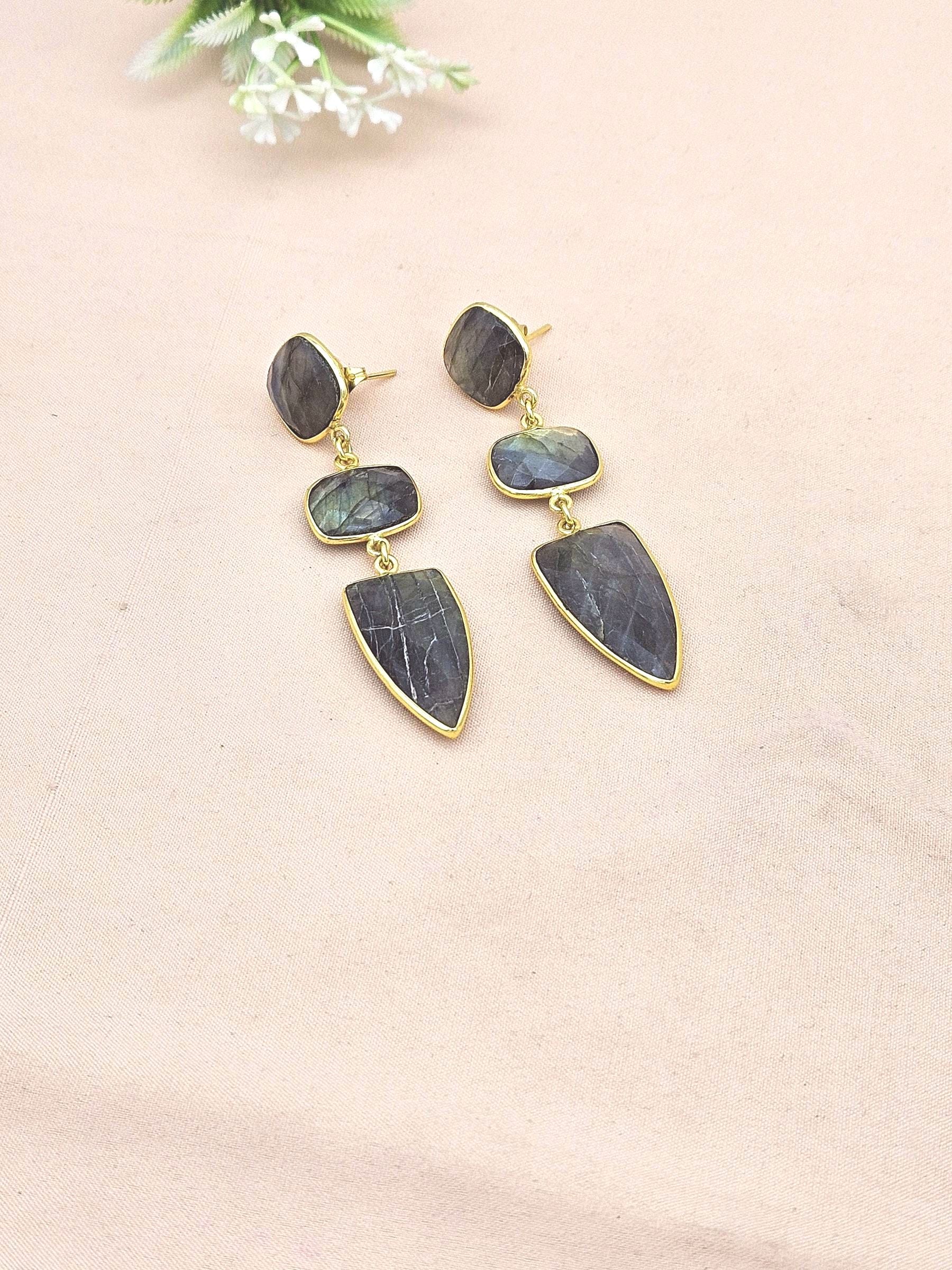 Fine Handcrafted Gold plated LABRADORITE stone Charming Designer Dangle Drop Earrings