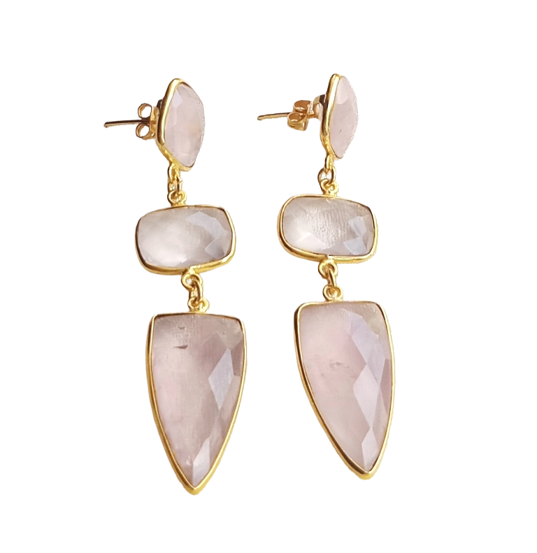 Fine Handcrafted Gold plated ROSE QUARTZ stone Charming Designer Dangle Drop Earrings