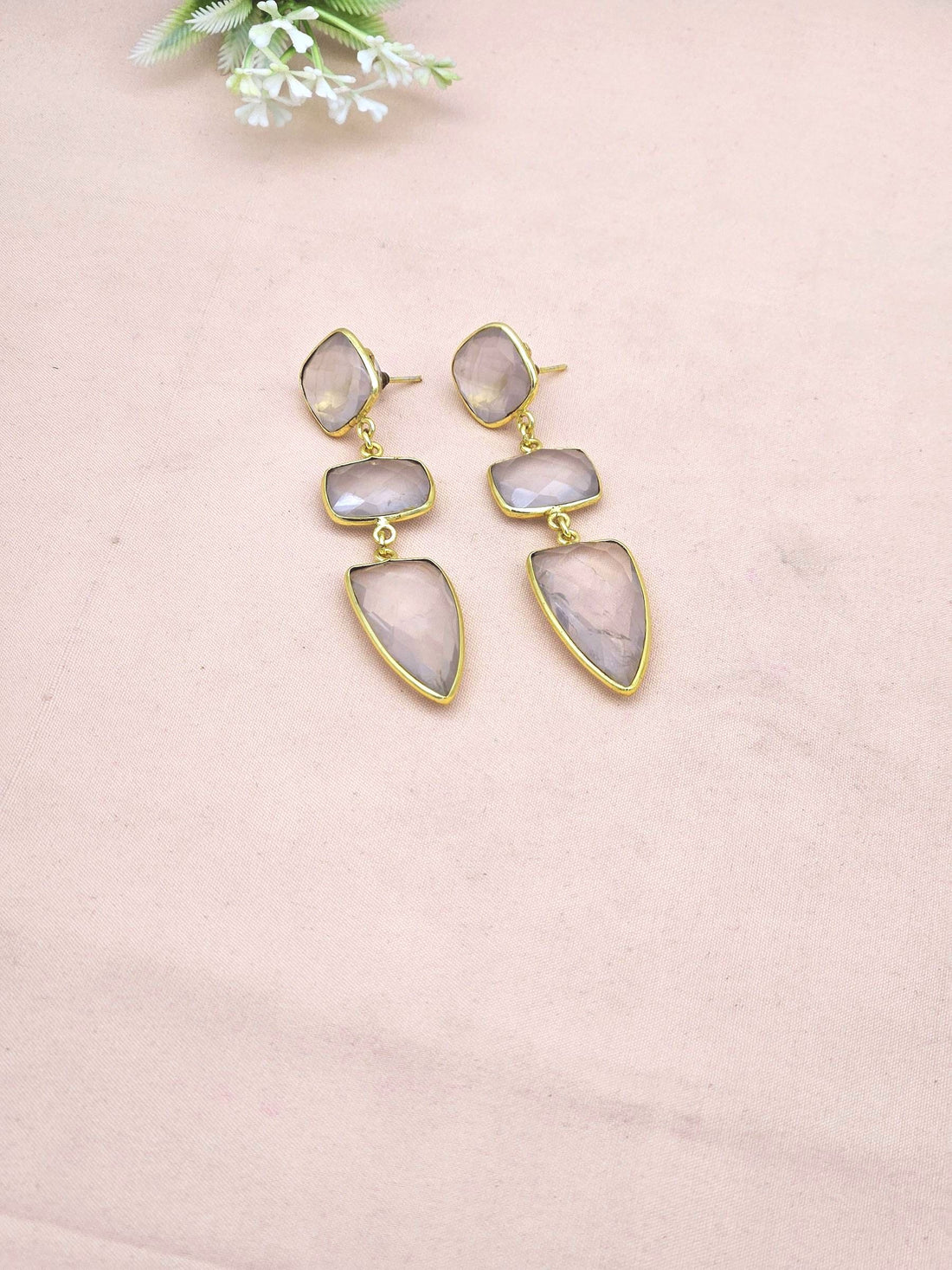 Fine Handcrafted Gold plated ROSE QUARTZ stone Charming Designer Dangle Drop Earrings