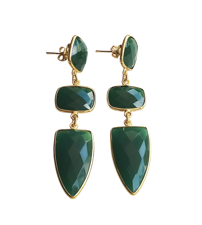 Fine Handcrafted Gold plated GREEN ONYX stone Charming Designer Dangle Drop Earrings