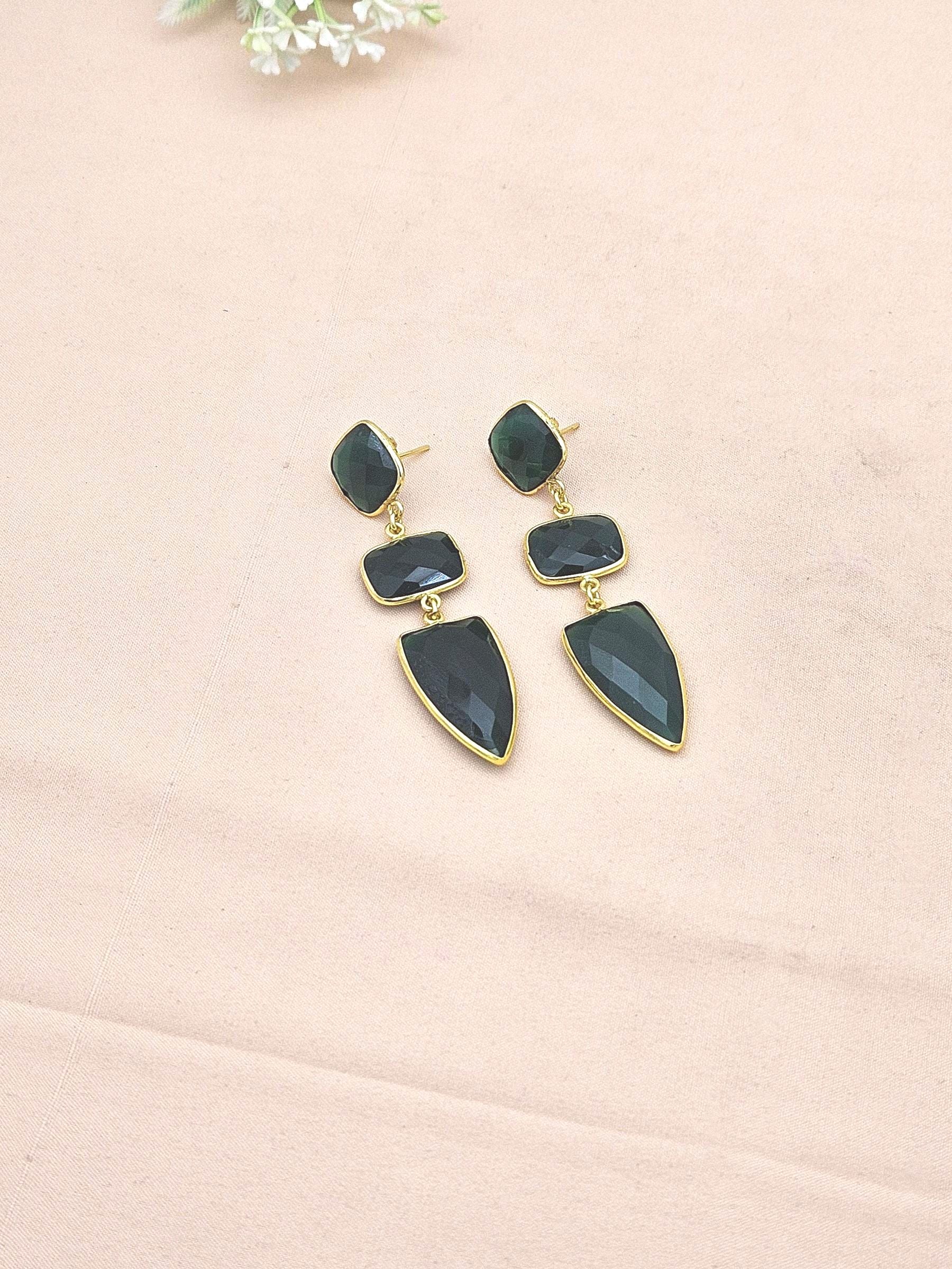 Fine Handcrafted Gold plated GREEN ONYX stone Charming Designer Dangle Drop Earrings