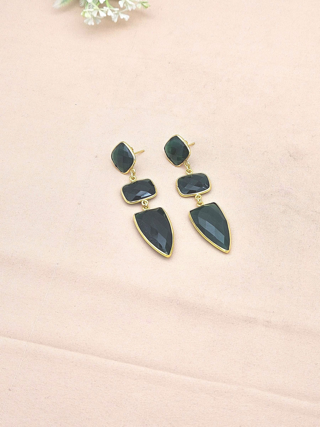 Fine Handcrafted Gold plated GREEN ONYX stone Charming Designer Dangle Drop Earrings