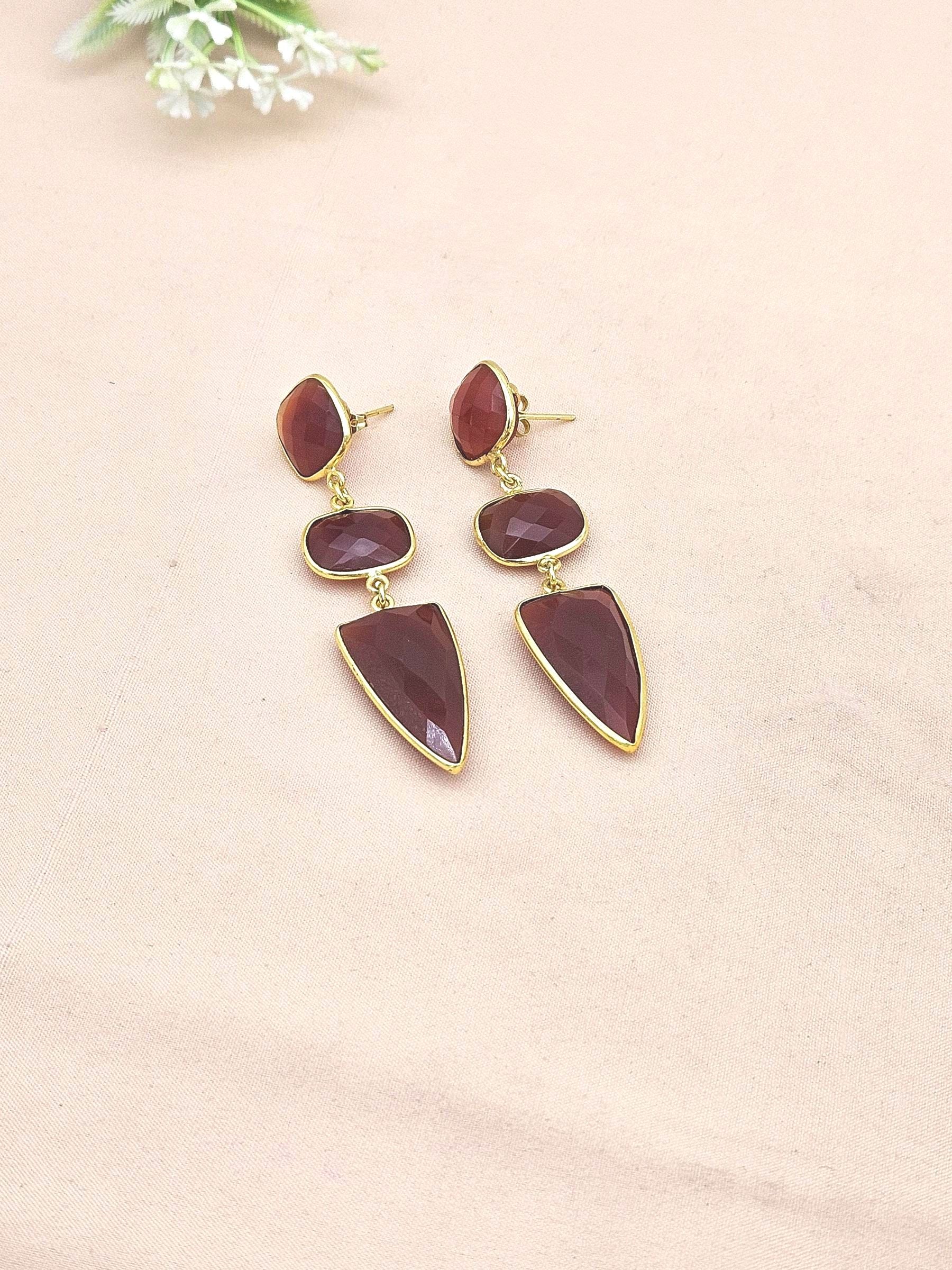 Fine Handcrafted Gold plated Red Onyx stone Charming Designer Dangle Drop Earrings