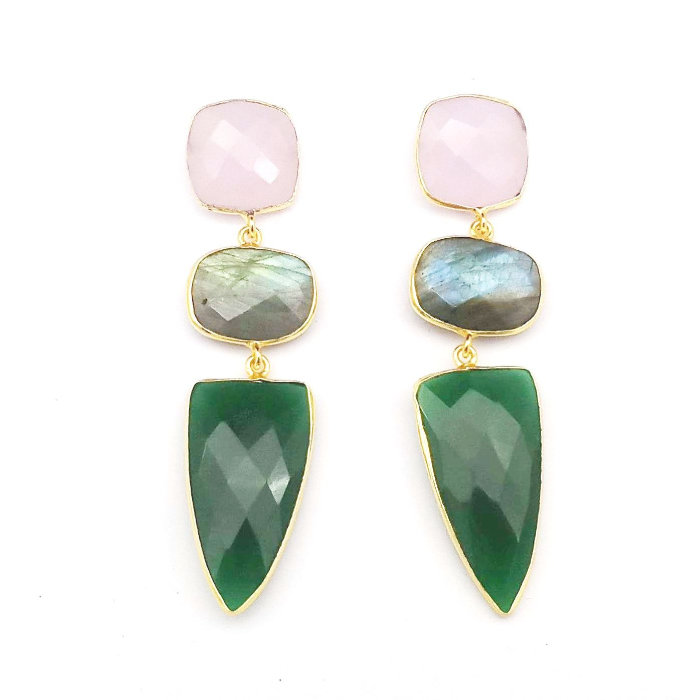 Fine Handcrafted Gold plated Rose Qtz-Labradorite-Green Onyx stone Charming Designer Dangle Drop Earrings