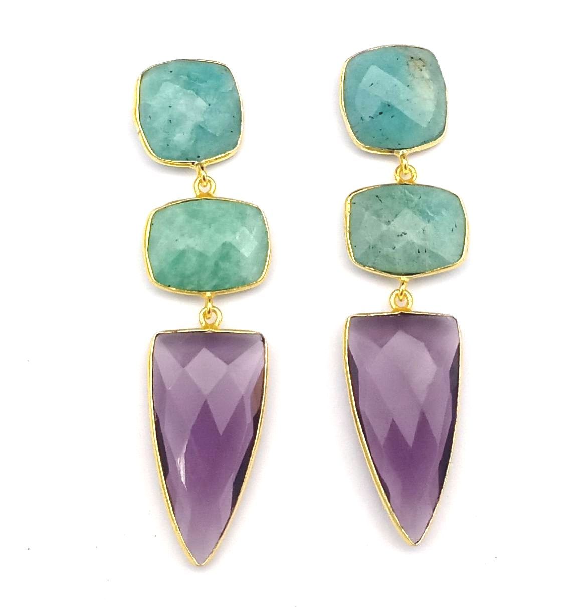 Fine Handcrafted Gold plated Amazonite-Amethyst stone Charming Designer Dangle Drop Earrings