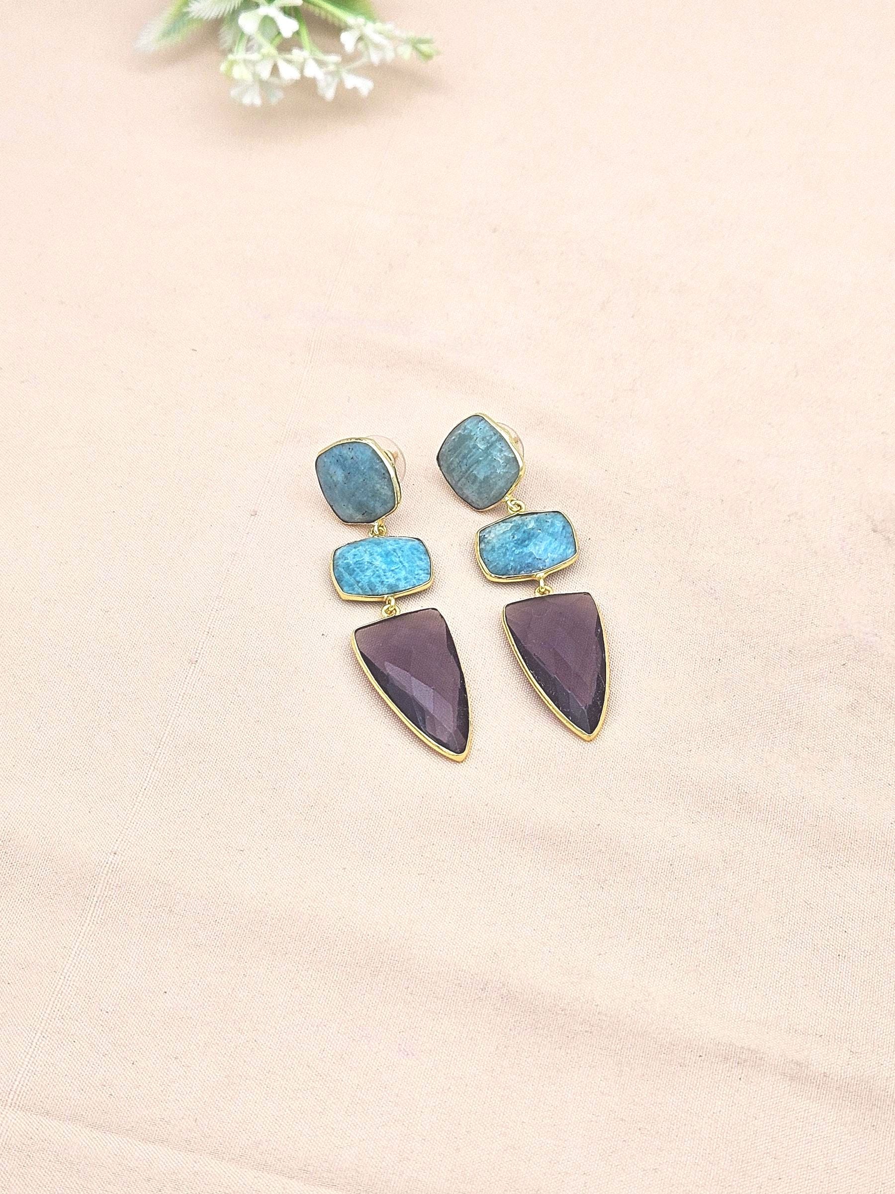 Fine Handcrafted Gold plated Amazonite-Amethyst stone Charming Designer Dangle Drop Earrings