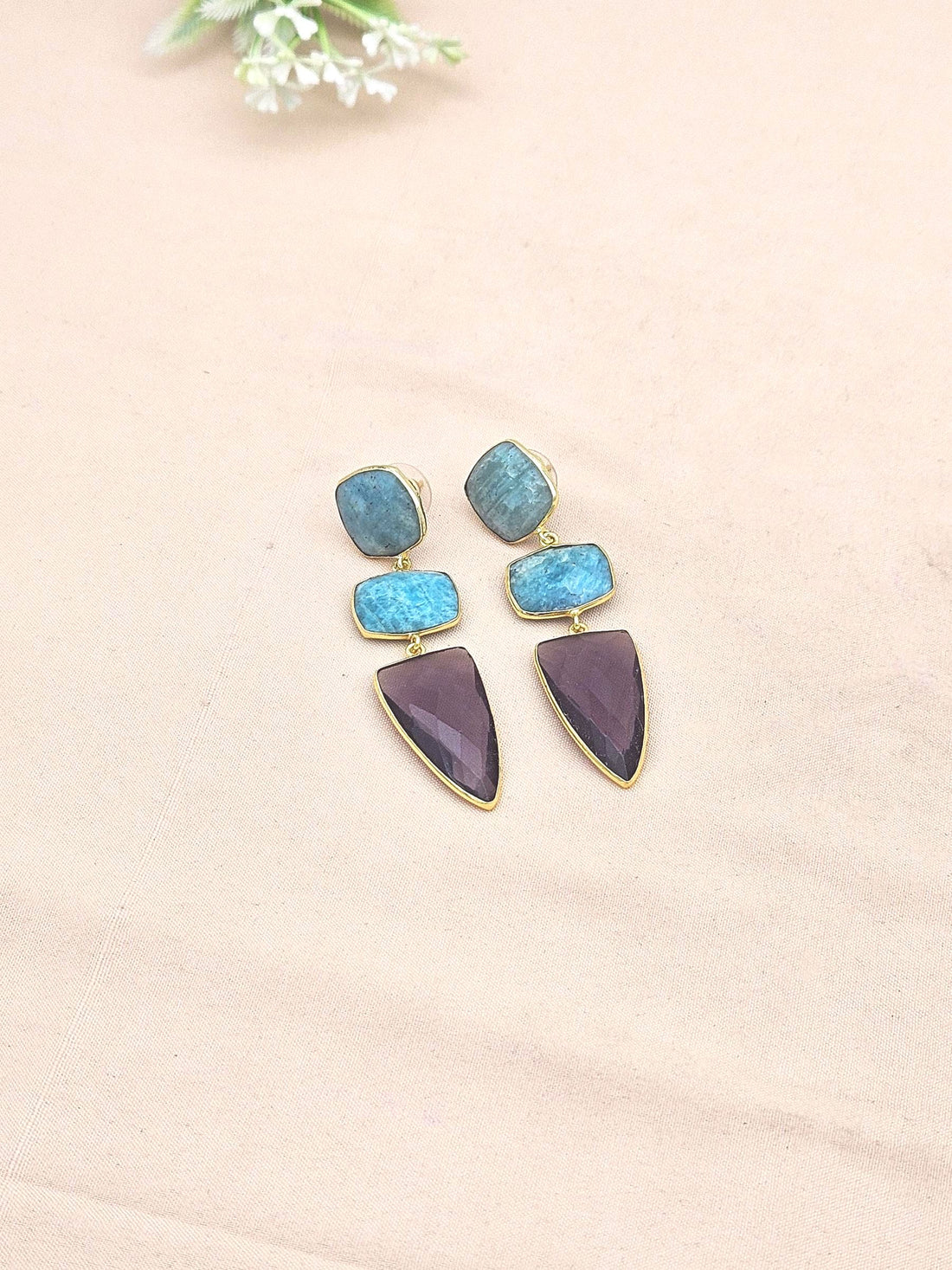 Fine Handcrafted Gold plated Amazonite-Amethyst stone Charming Designer Dangle Drop Earrings
