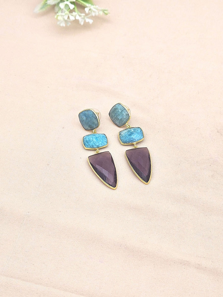 Fine Handcrafted Gold plated Amazonite-Amethyst stone Charming Designer Dangle Drop Earrings