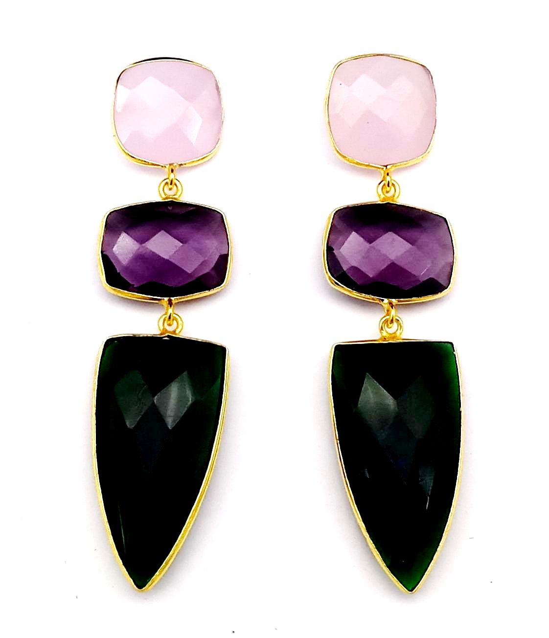 Fine Handcrafted Gold plated Rose Qtz-Amethyst-Green Onyx stone Charming Designer Dangle Drop Earrings