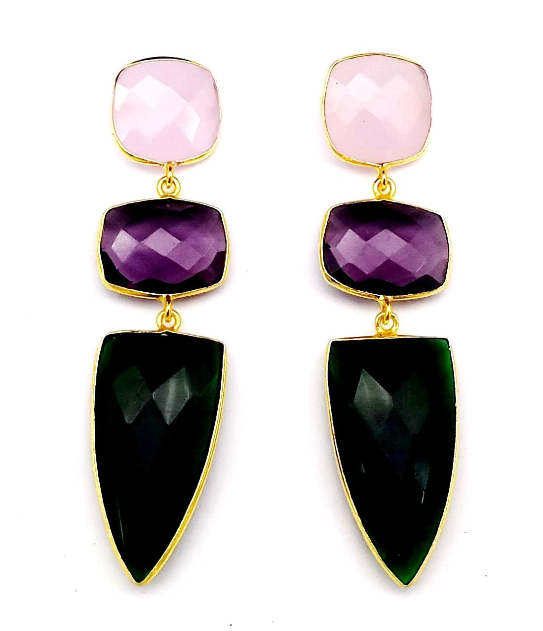 Fine Handcrafted Gold plated Rose Qtz-Amethyst-Green Onyx stone Charming Designer Dangle Drop Earrings