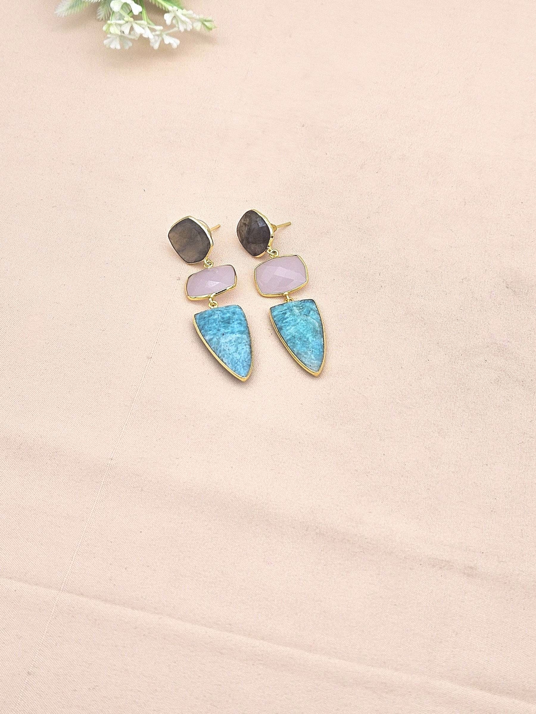 Fine Handcrafted Gold plated Labradorite-Rose Qtz-Amazonite stone Charming Designer Dangle Drop Earrings