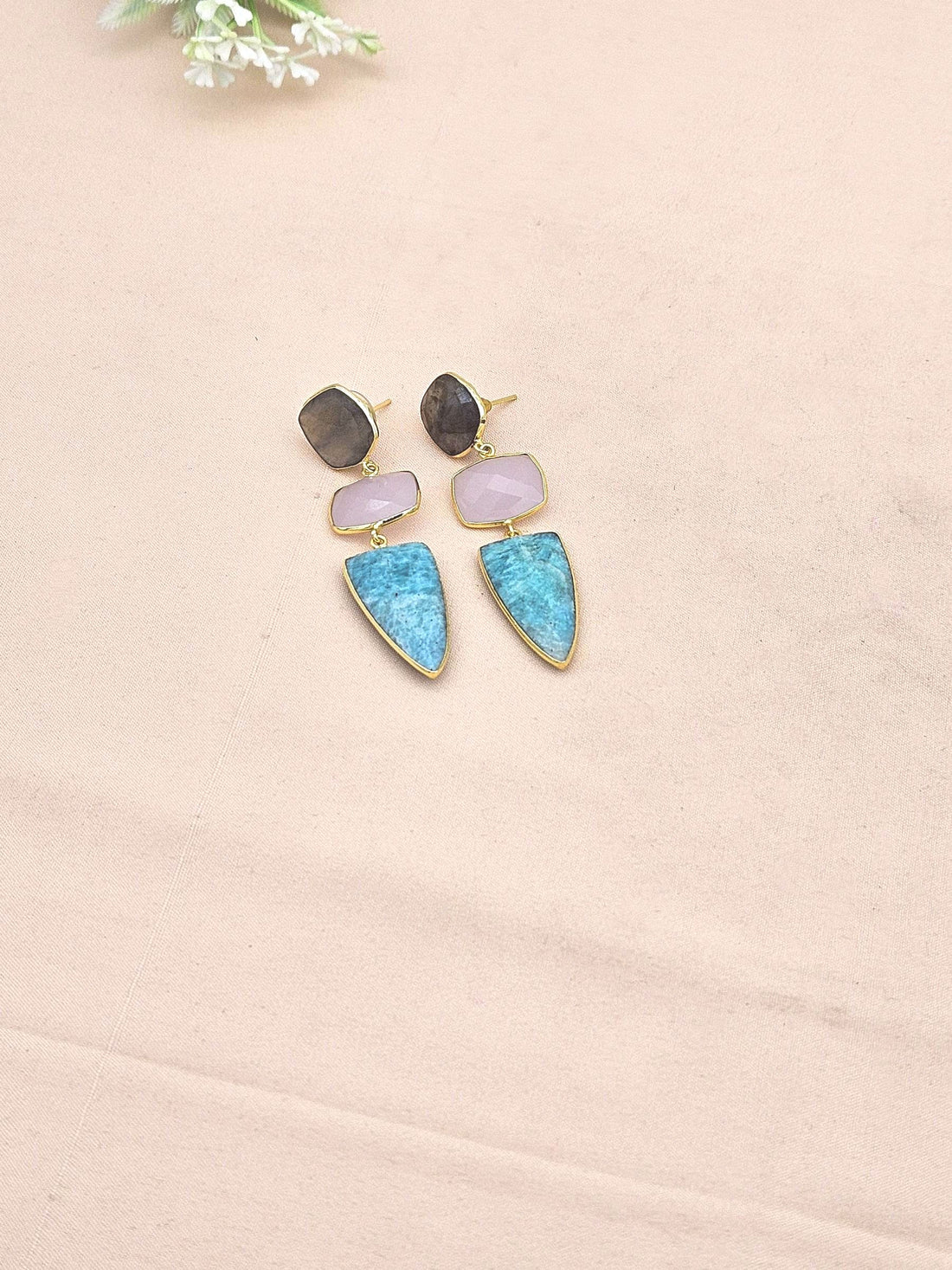 Fine Handcrafted Gold plated Labradorite-Rose Qtz-Amazonite stone Charming Designer Dangle Drop Earrings