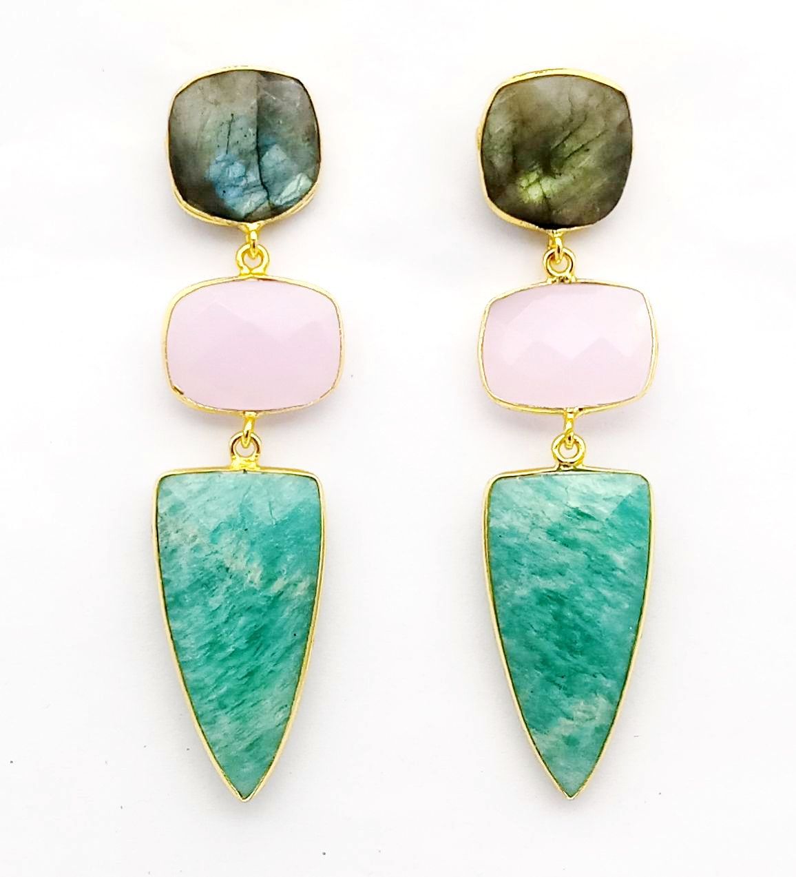 Fine Handcrafted Gold plated Labradorite-Rose Qtz-Amazonite stone Charming Designer Dangle Drop Earrings