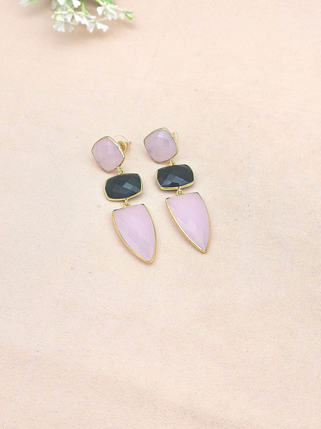 Fine Handcrafted Gold plated Rose Quartz-Green Onyx stone Charming Designer Dangle Drop Earrings