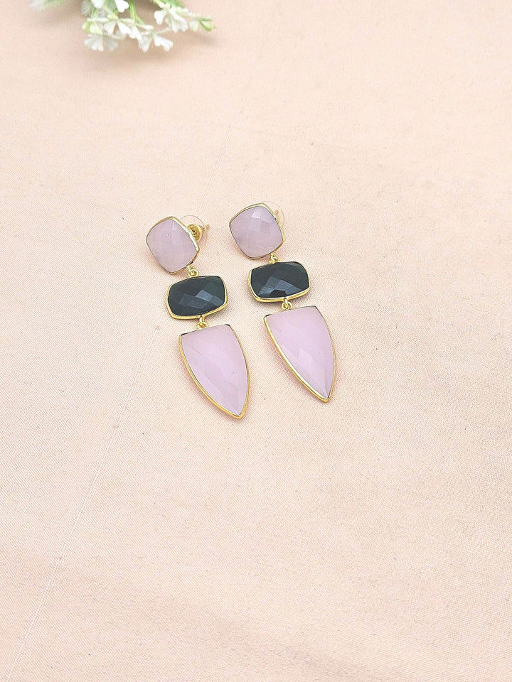 Fine Handcrafted Gold plated Rose Quartz-Green Onyx stone Charming Designer Dangle Drop Earrings