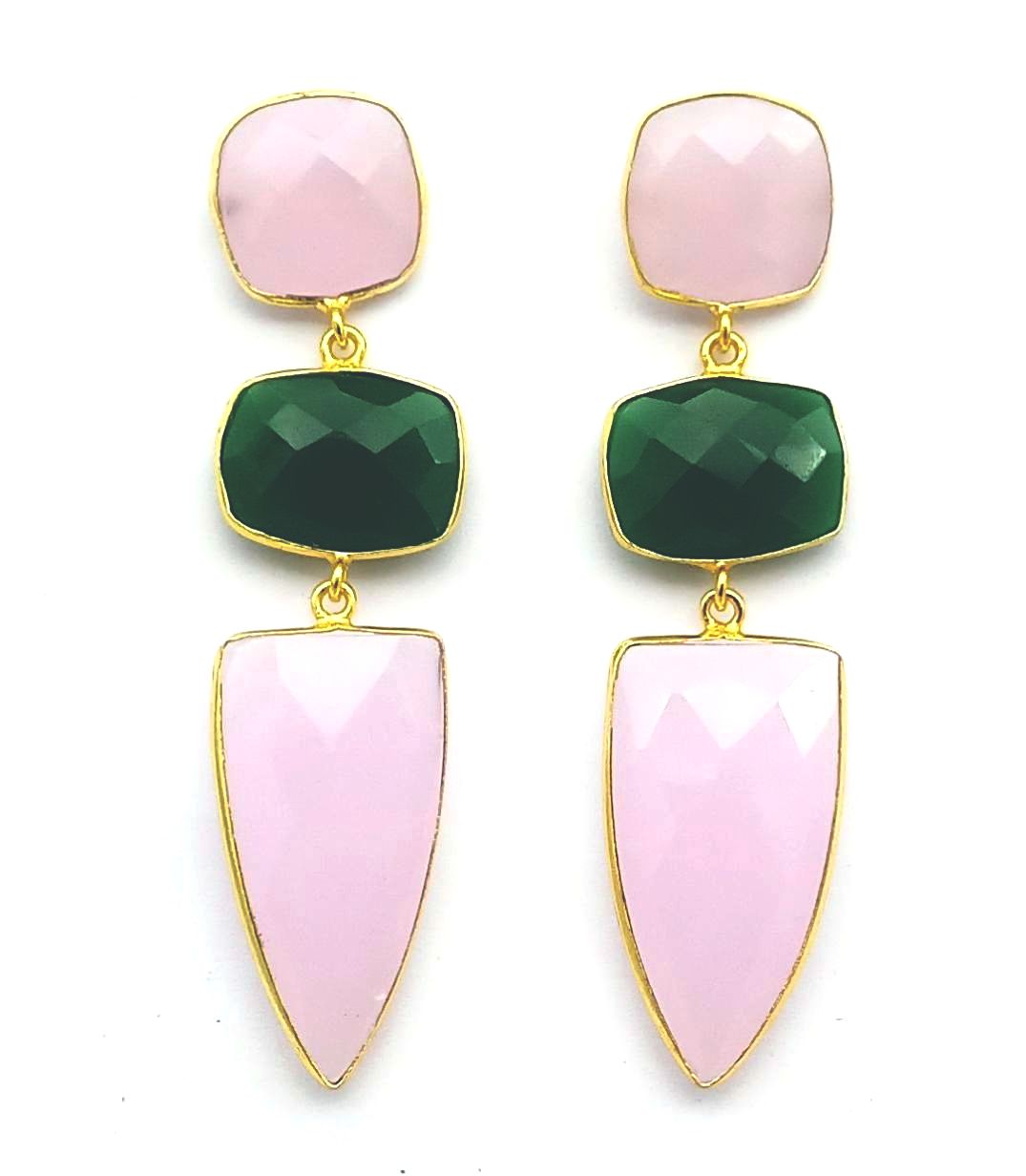 Fine Handcrafted Gold plated Rose Quartz-Green Onyx stone Charming Designer Dangle Drop Earrings