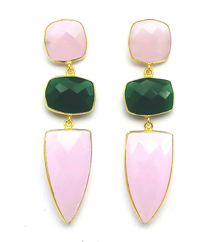 Fine Handcrafted Gold plated Rose Quartz-Green Onyx stone Charming Designer Dangle Drop Earrings