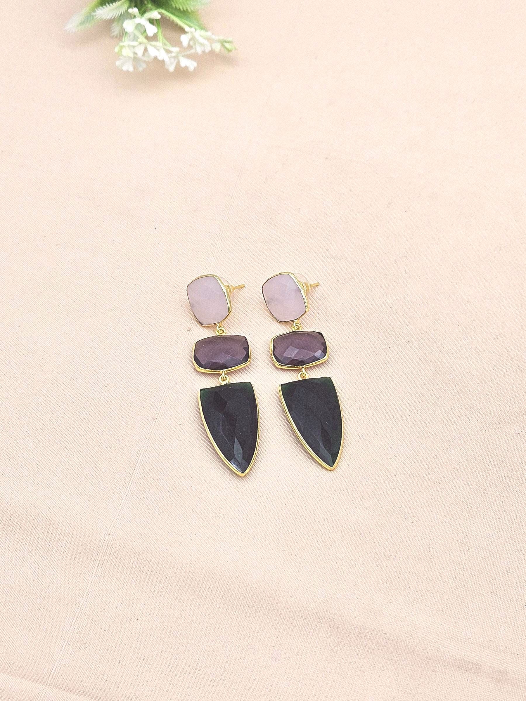 Fine Handcrafted Gold plated Rose Qtz - Amethyst - Green Onyx stone Charming Designer Dangle Drop Earrings
