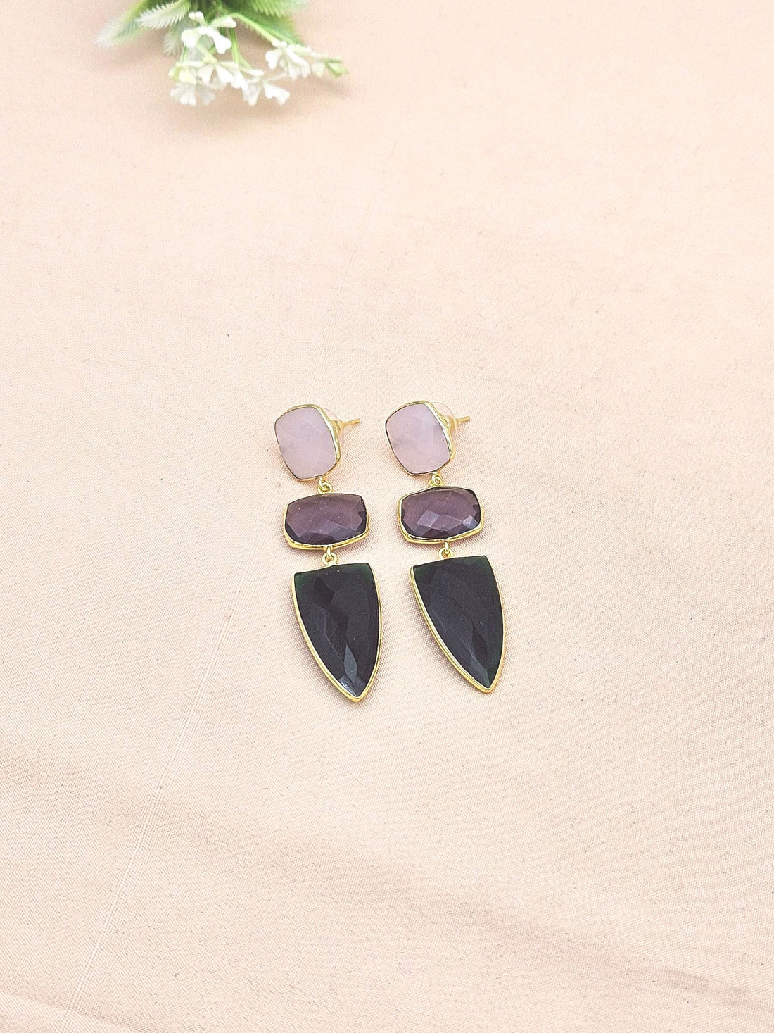 Fine Handcrafted Gold plated Rose Qtz - Amethyst - Green Onyx stone Charming Designer Dangle Drop Earrings