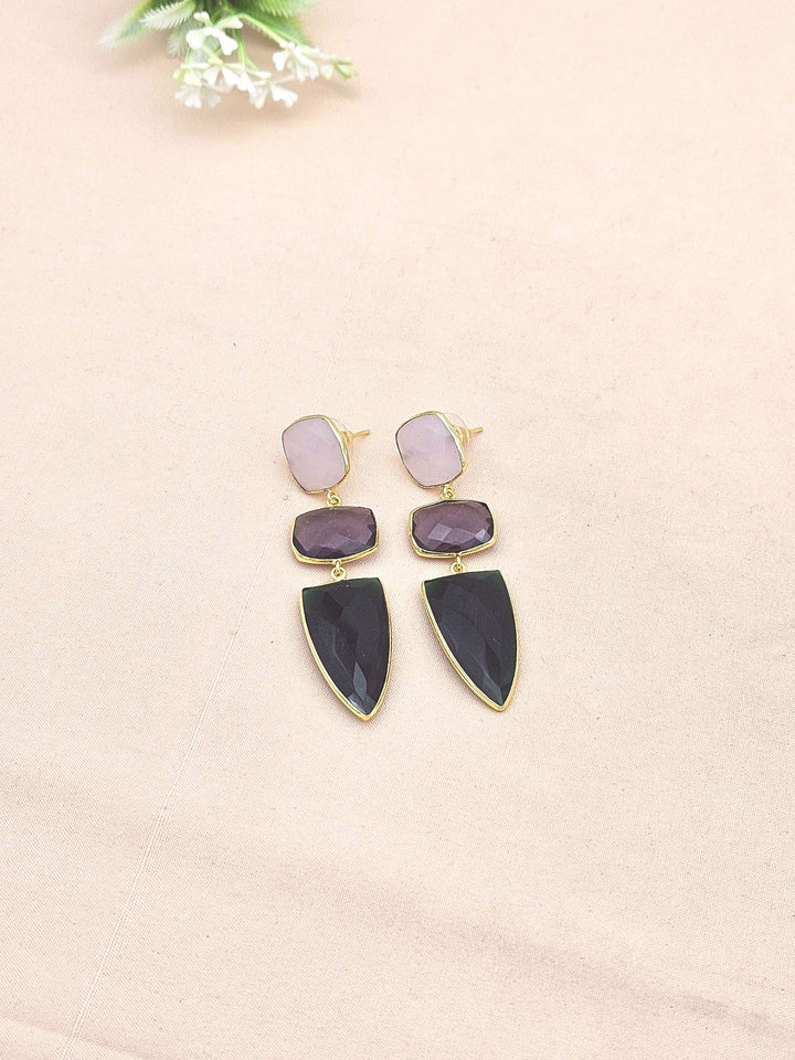 Fine Handcrafted Gold plated Rose Qtz - Amethyst - Green Onyx stone Charming Designer Dangle Drop Earrings