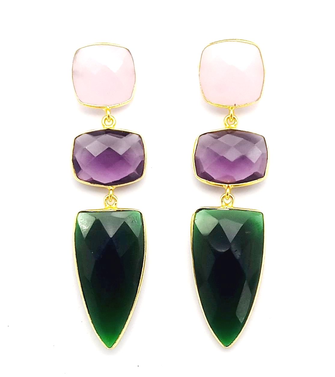 Fine Handcrafted Gold plated Rose Qtz - Amethyst - Green Onyx stone Charming Designer Dangle Drop Earrings