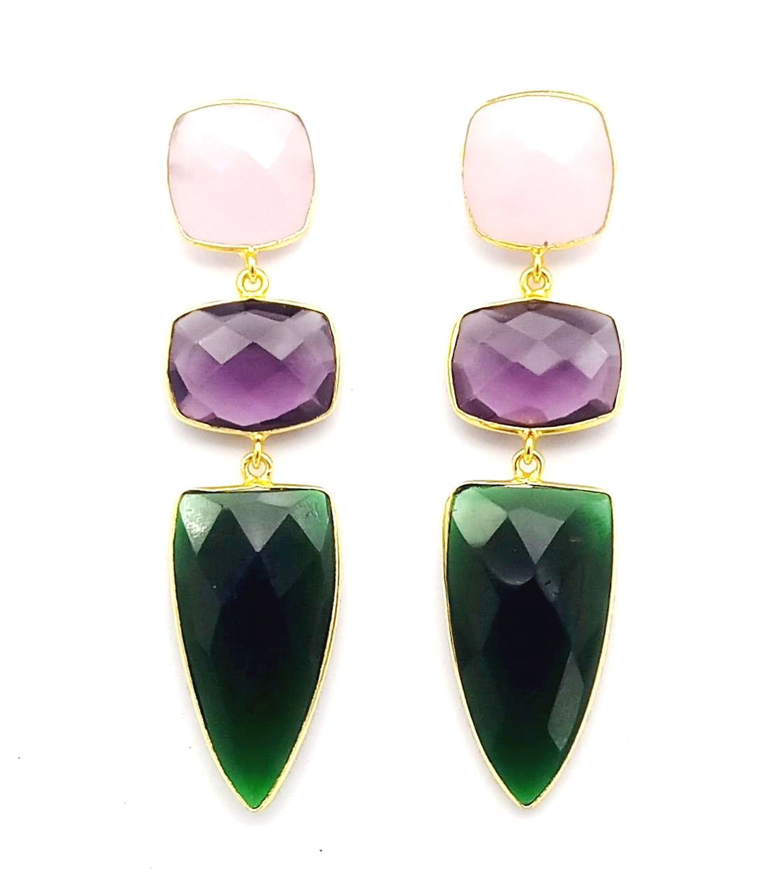 Fine Handcrafted Gold plated Rose Qtz - Amethyst - Green Onyx stone Charming Designer Dangle Drop Earrings