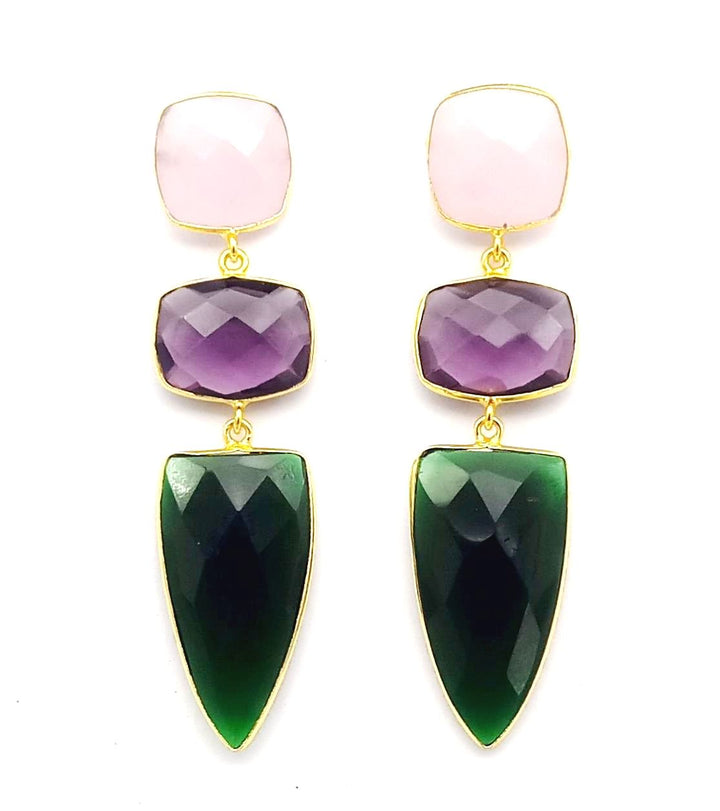 Fine Handcrafted Gold plated Rose Qtz - Amethyst - Green Onyx stone Charming Designer Dangle Drop Earrings