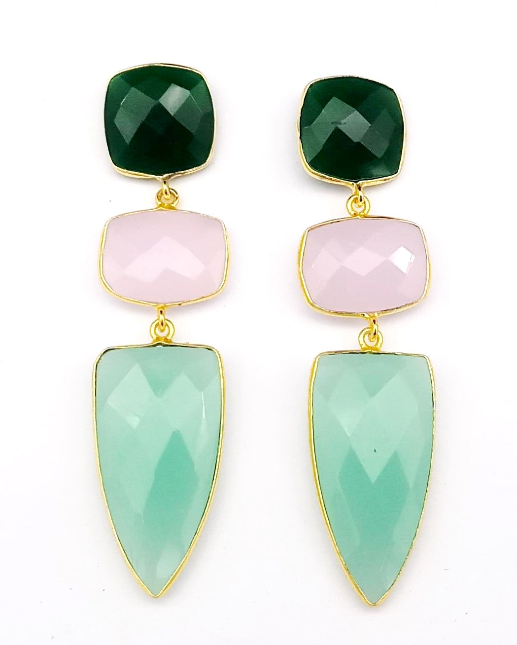 Fine Handcrafted Gold plated Green Onyx-Rose Quartz-Aqua stone Charming Designer Dangle Drop Earrings