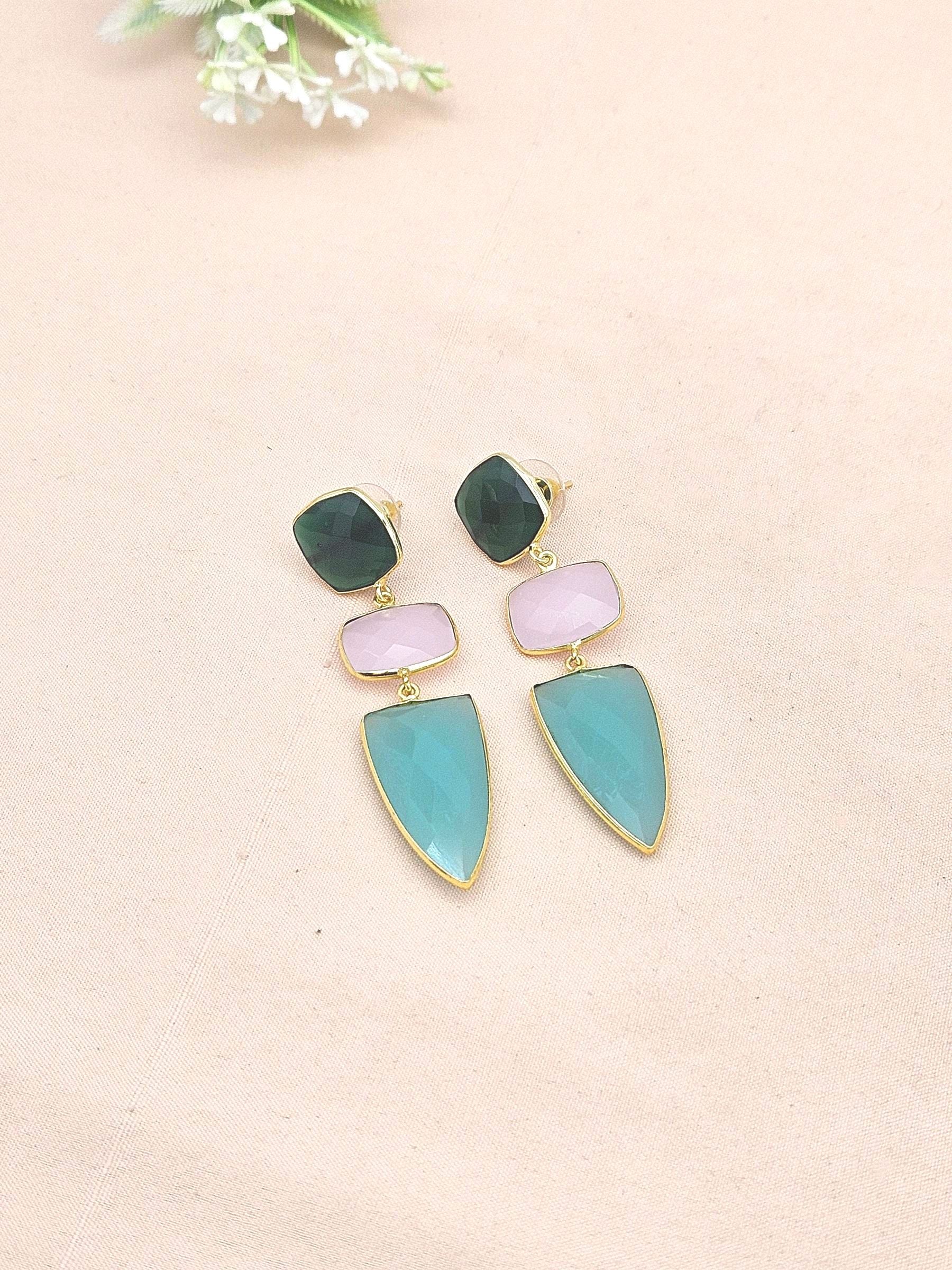 Fine Handcrafted Gold plated Green Onyx-Rose Quartz-Aqua stone Charming Designer Dangle Drop Earrings