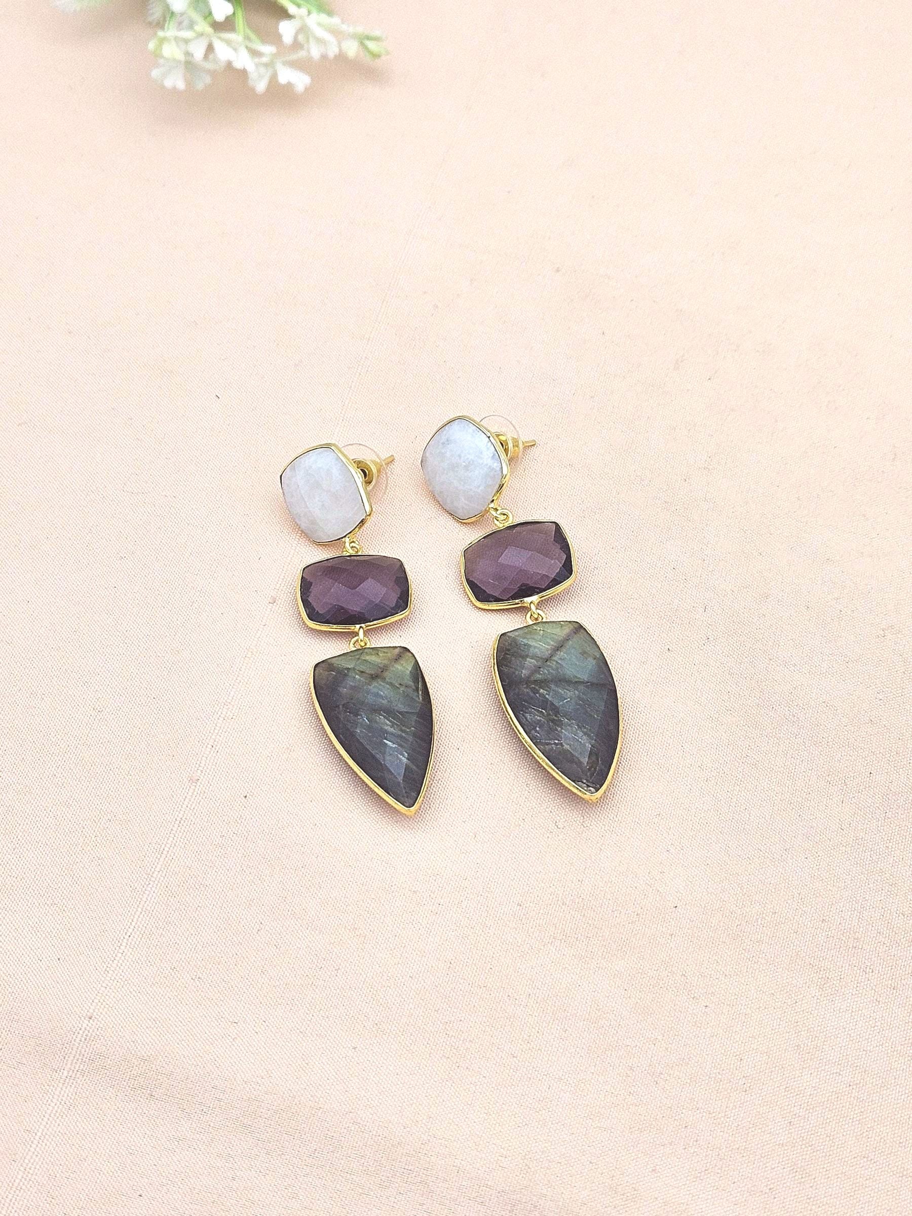 Fine Handcrafted Gold plated White Rainbow-Amethyst-Labradorite stone Charming Designer Dangle Drop Earrings