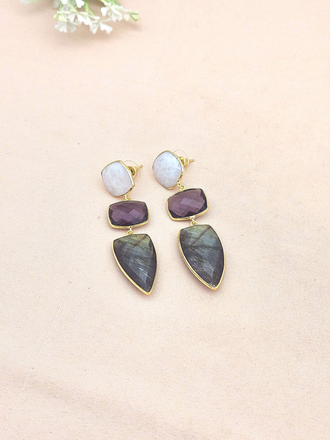 Fine Handcrafted Gold plated White Rainbow-Amethyst-Labradorite stone Charming Designer Dangle Drop Earrings