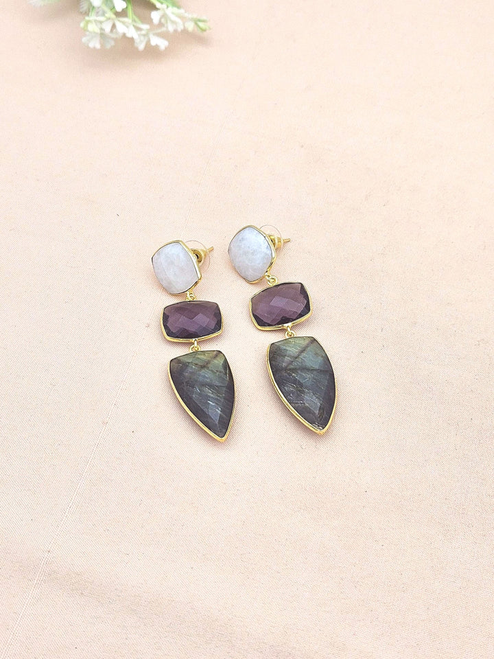 Fine Handcrafted Gold plated White Rainbow-Amethyst-Labradorite stone Charming Designer Dangle Drop Earrings