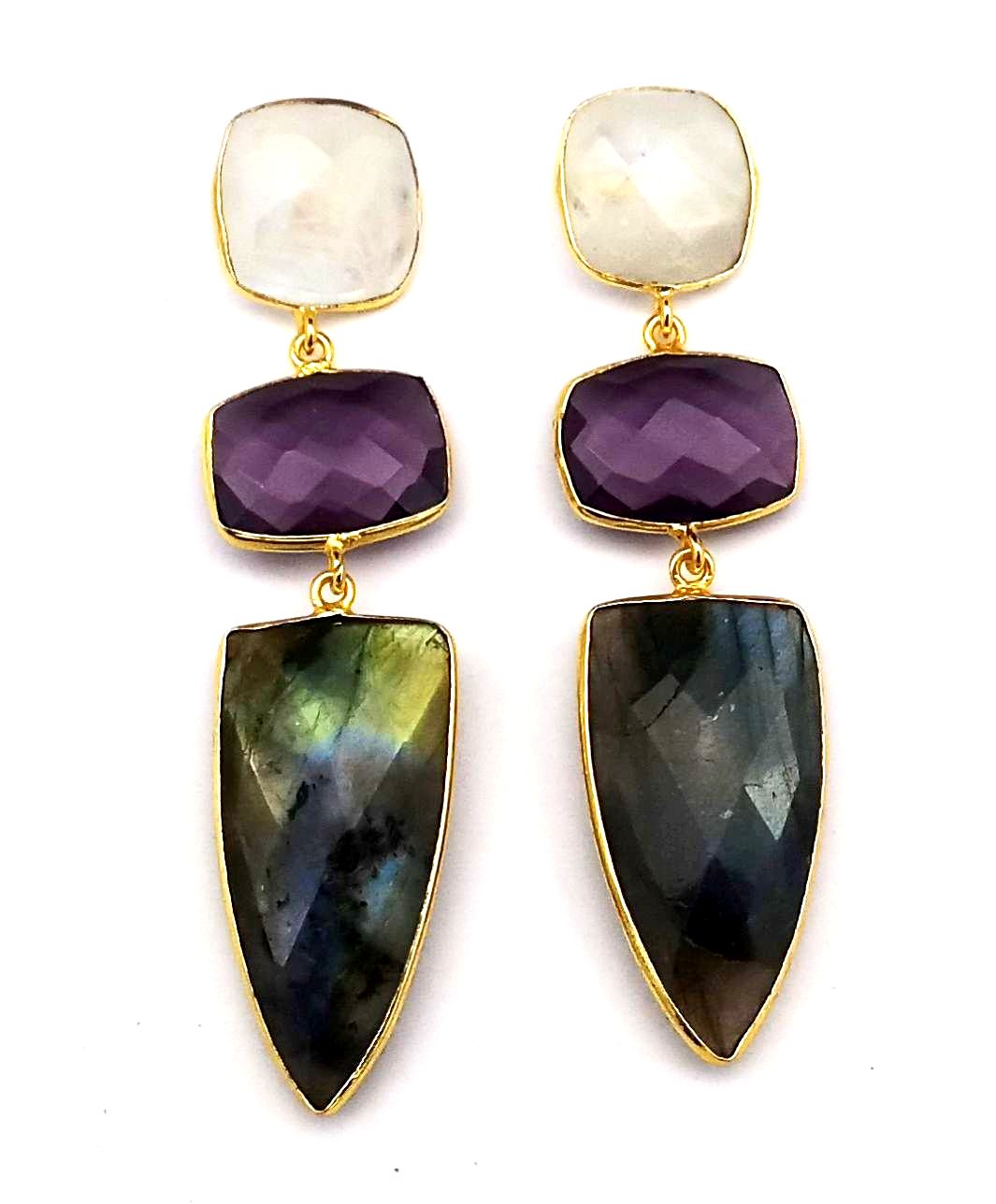 Fine Handcrafted Gold plated White Rainbow-Amethyst-Labradorite stone Charming Designer Dangle Drop Earrings