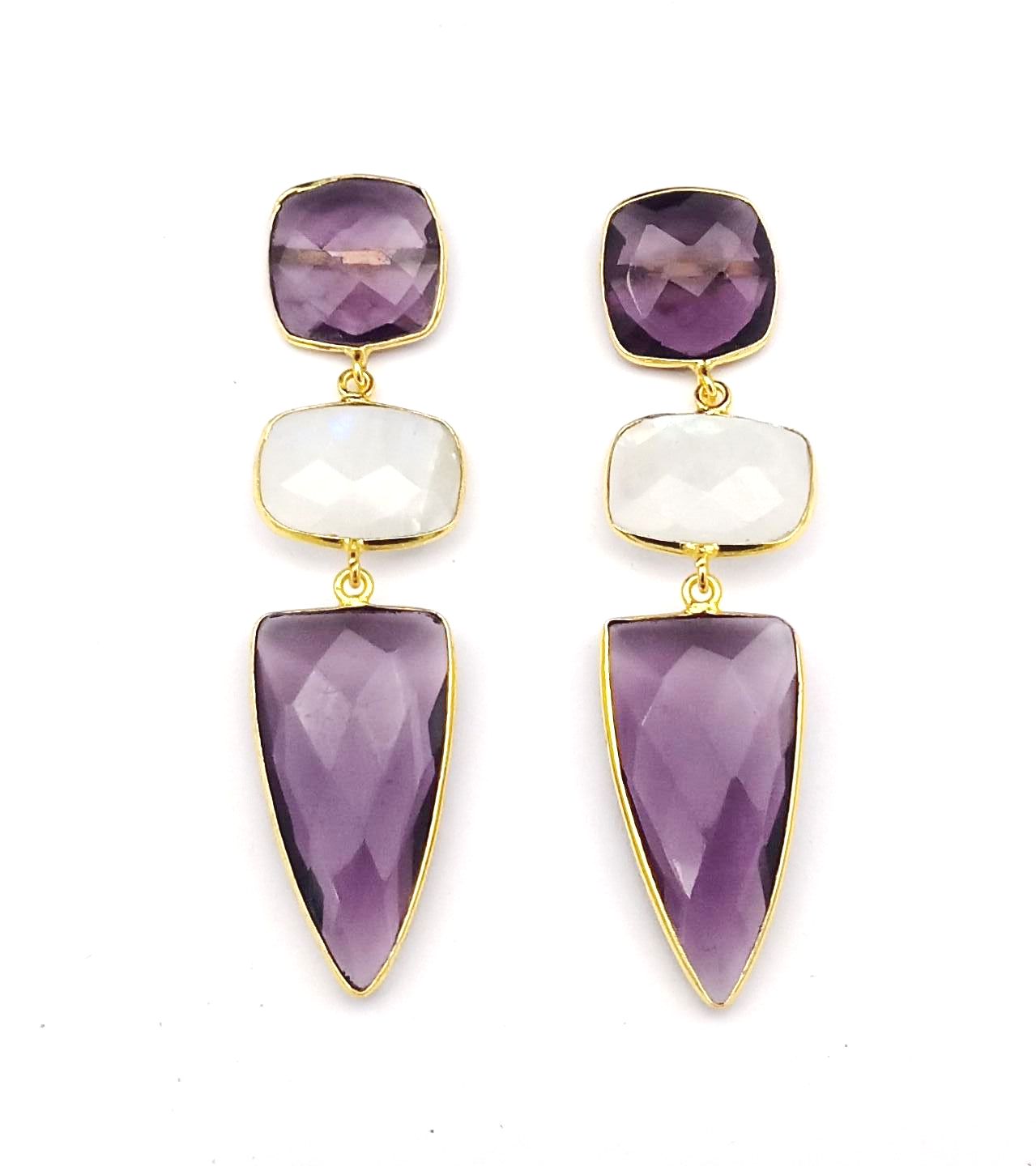 Fine Handcrafted Gold plated White Rainbow-Amethyst stone Charming Designer Dangle Drop Earrings