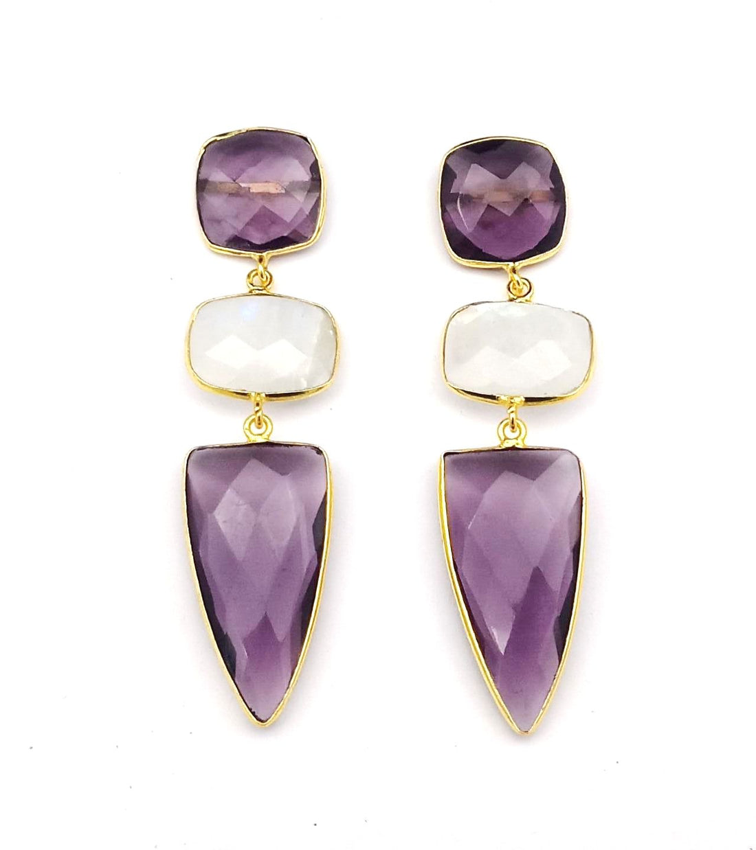 Fine Handcrafted Gold plated White Rainbow-Amethyst stone Charming Designer Dangle Drop Earrings